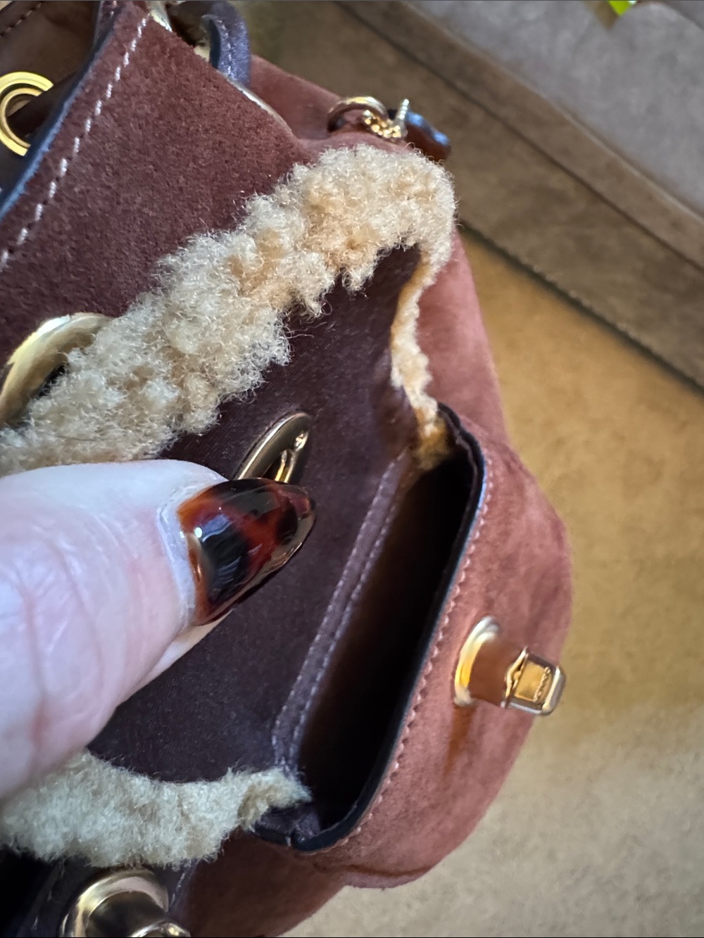 Coach Brown Suede Mini Backpack with Cream Shearling Trim SOLD OUT ONLINE - Picture 5 of 6